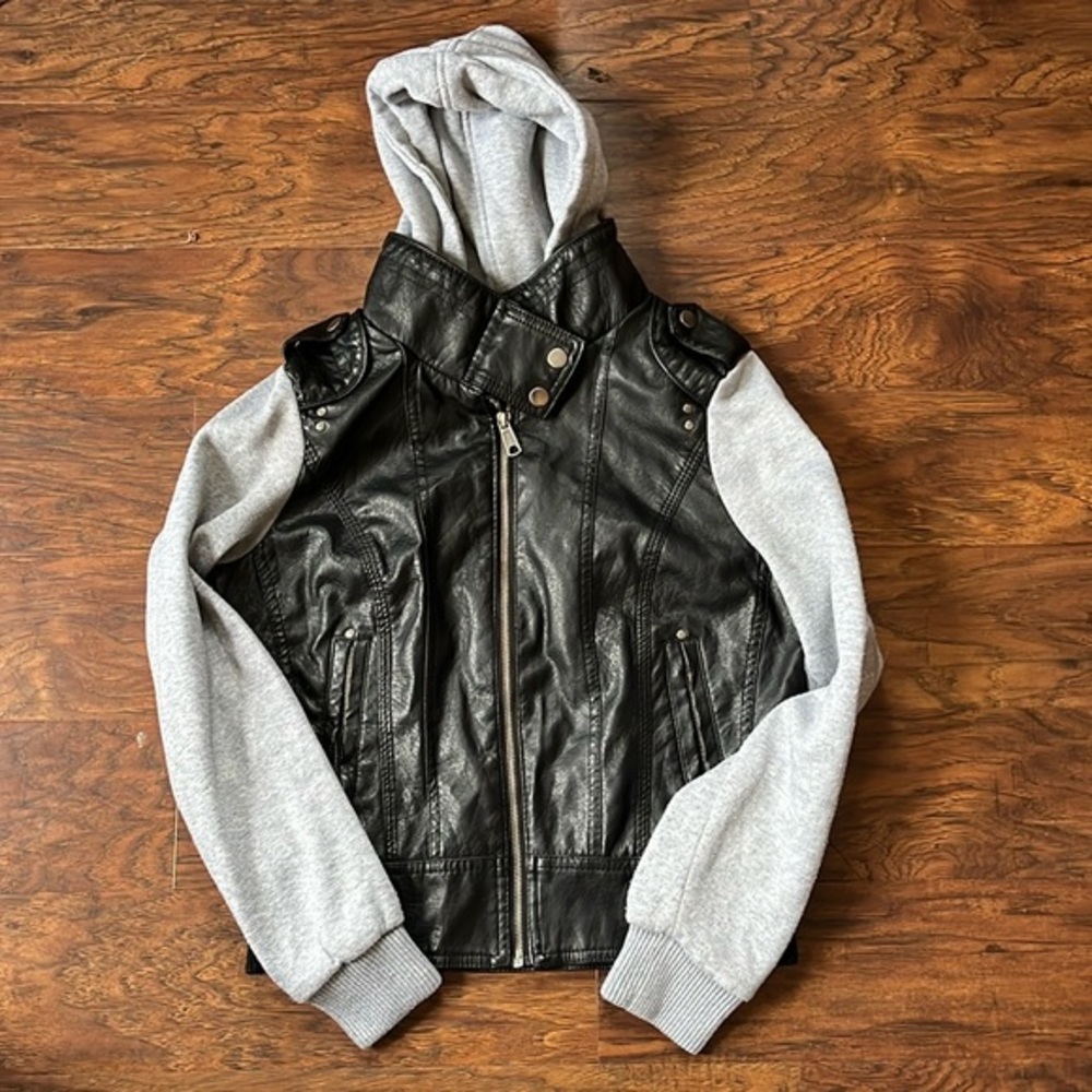 Full tilt Hooded Leather and Cotton Coat M